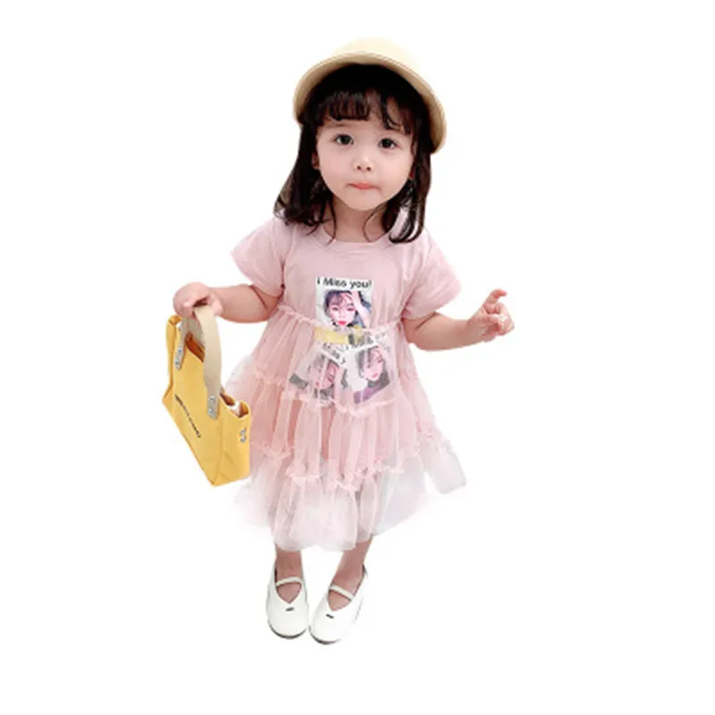 

2019 summer Toddler Girls O-Neck candy color Letter print Princess Dress baby girl Mesh Patchwork Ballet dress