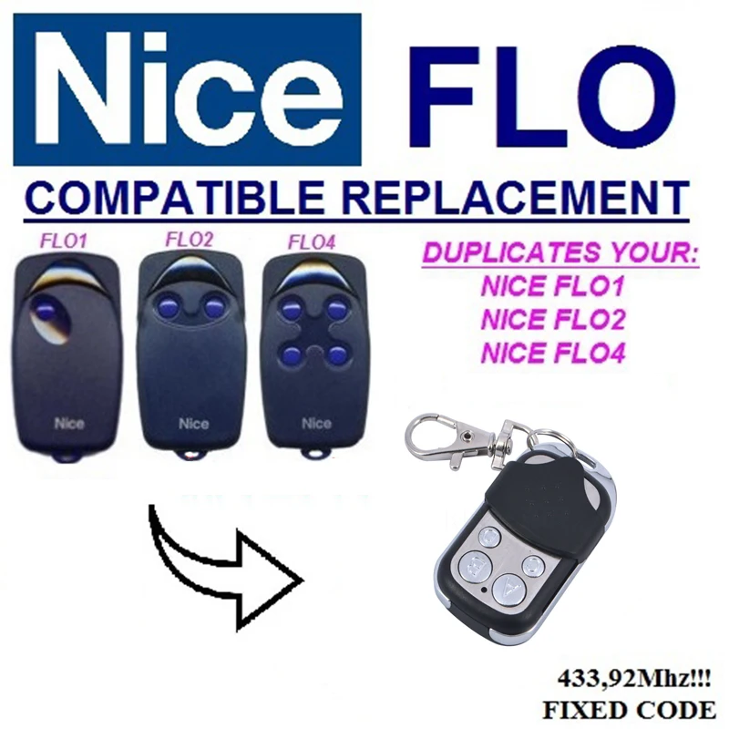 

1 piece NICE FLO1 FLO2 FLO 4 4 Channel Remote Control Gate Garage Door Openner/Carage Command Fixed Code 433.92MHz