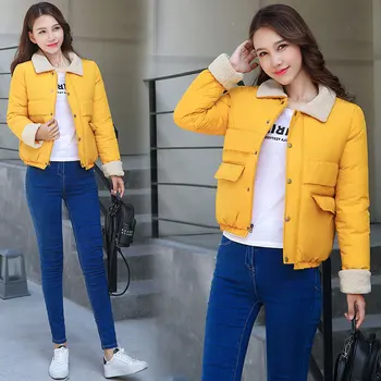 

Winter New Fur Collar Short Coat Women Lapel Slim Fit Casual Cotton Parka Warm Outwear A58