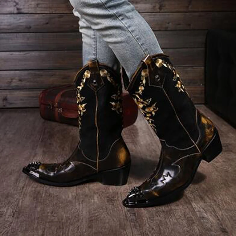 

British Style Personality Autumn Winter Mens Boot Retro Martin Leather Embroider Boots Chocolate Color High Top Zipper Shoes Men
