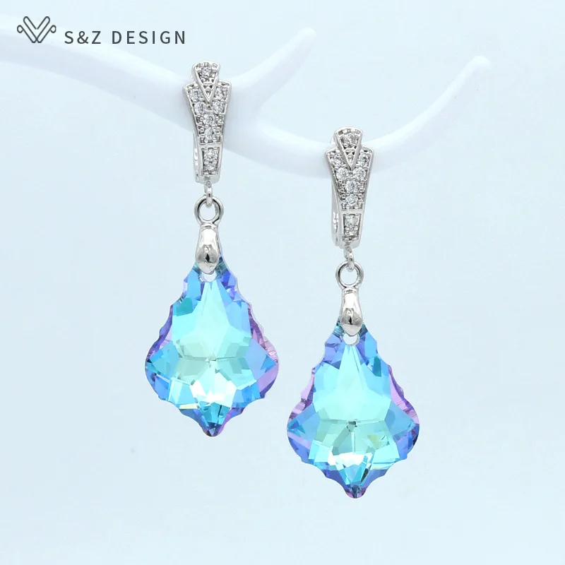 S&Z DESIGN New White Gold Color Colorful Crystal Dangle Earrings For Women Wedding Fashion Party Gift Eardrop