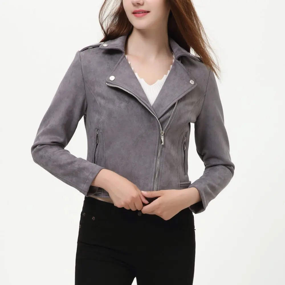 Motorcycle suede faux leather coat Streetwear cool gray red leather jacket women moto jacket ...