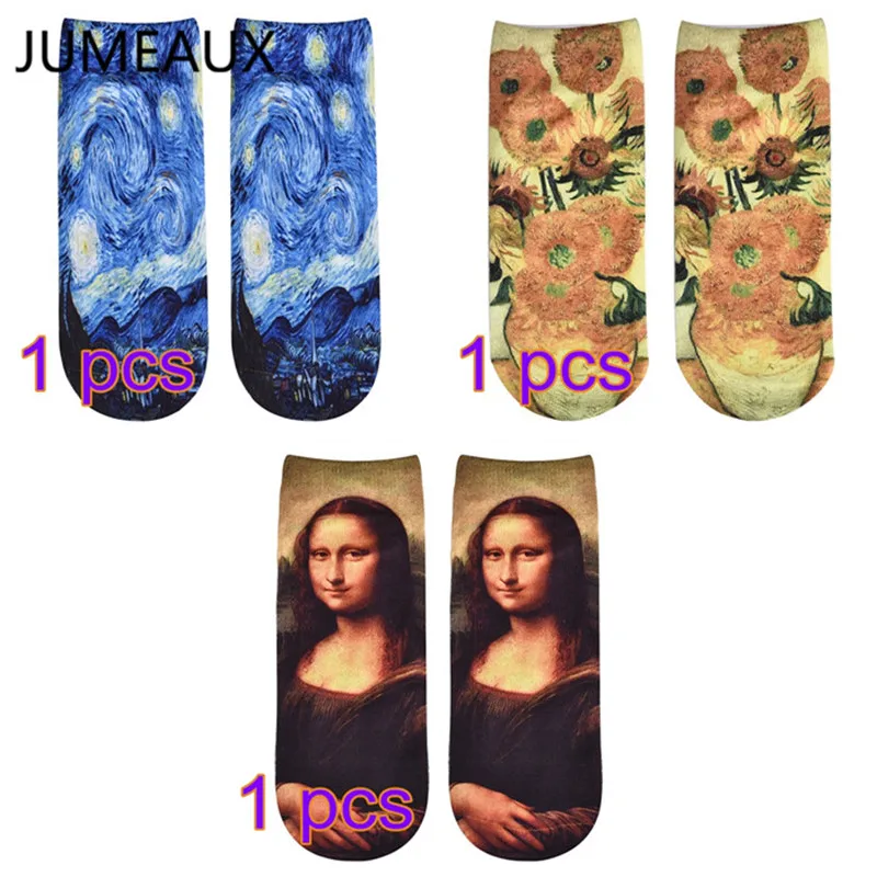 

JUMEAUX Retro Vintage Van Gogh Printed Socks Women Socks Sunflower Starry Angel Oil Painting Print Socks Ankle Socks Meias Sox