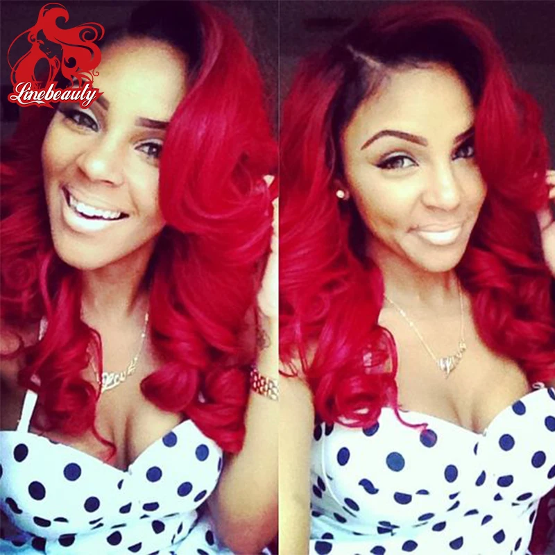 

New Female Ombre Red Wavy Synthetic Wig Womens' Neat  Hair High Quality synthetic lace front wig