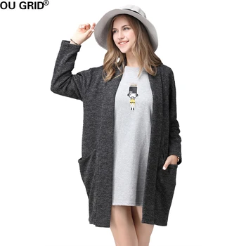 

Knitted Gray Cardigans Coat Plus Size L-5XL Women Autumn Winter Pocket Design Turn-Down Collar Sweater Crochet Casual Cardigan