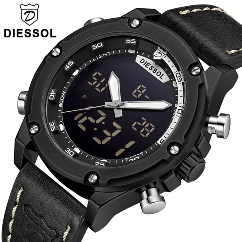 

DIESSOL Top Brand Watch Men's Fashion Casual Quartz Sport Watch Men LED Digital Leather Waterproof Wrist Watch Relogio Masculino