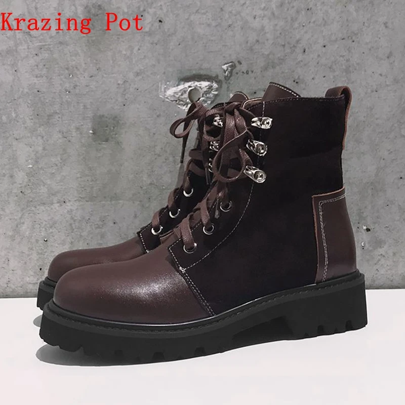 

Krazing Pot cow suede genuine leather 4 cm thick heels rivets streetwear mature lace up women riding Equestrian ankle boots L17