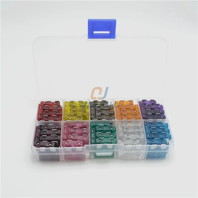 

100 pcs kits Medium Auto Car Blade Fuse Box Assortment 3A 5A 7.5A 10A 20A 25A 30A 35A 40A with high quality plastic box