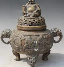 10″ Chinese Buddhism Bronze Maitreya Buddha 18 Arhat Lion incense burner Censer a1