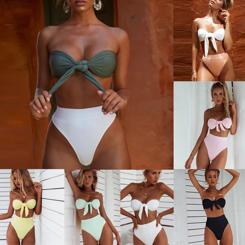 

Biquini 2019 Tie Knot Bandeau Bikini Swimsuit Women Two Pieces With Push Up Brazilian Sea Swimwear High Waisted Thong Bikinis