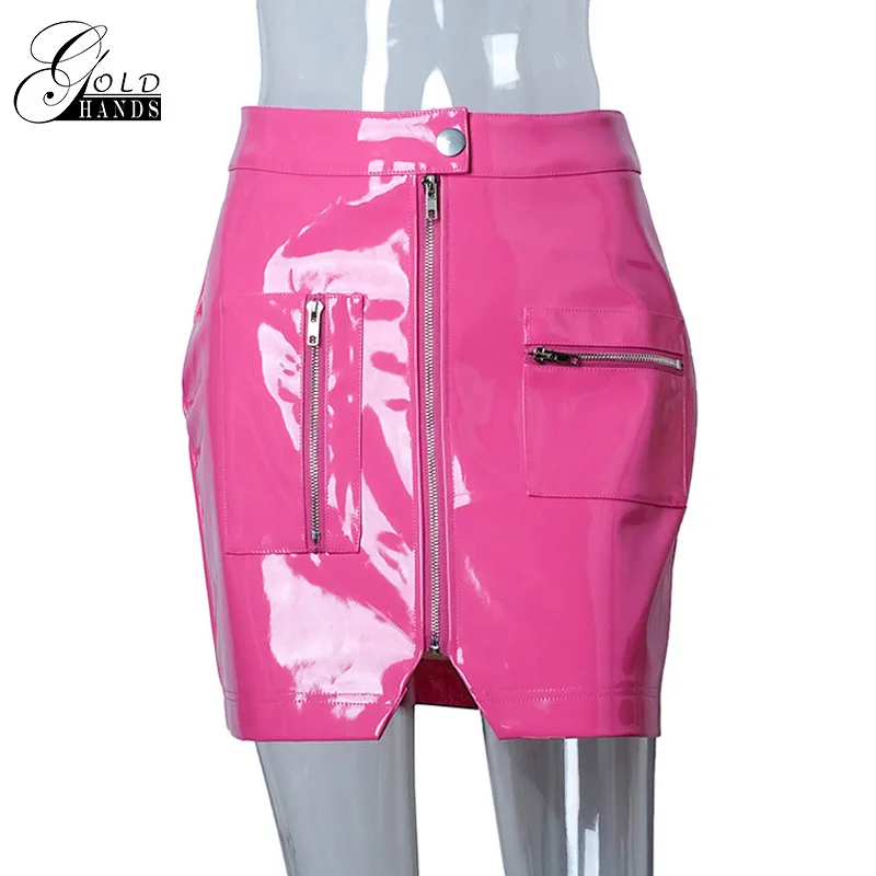 Women Faux Leather Pencil Skirts Pink Button Front Zipper Mini High