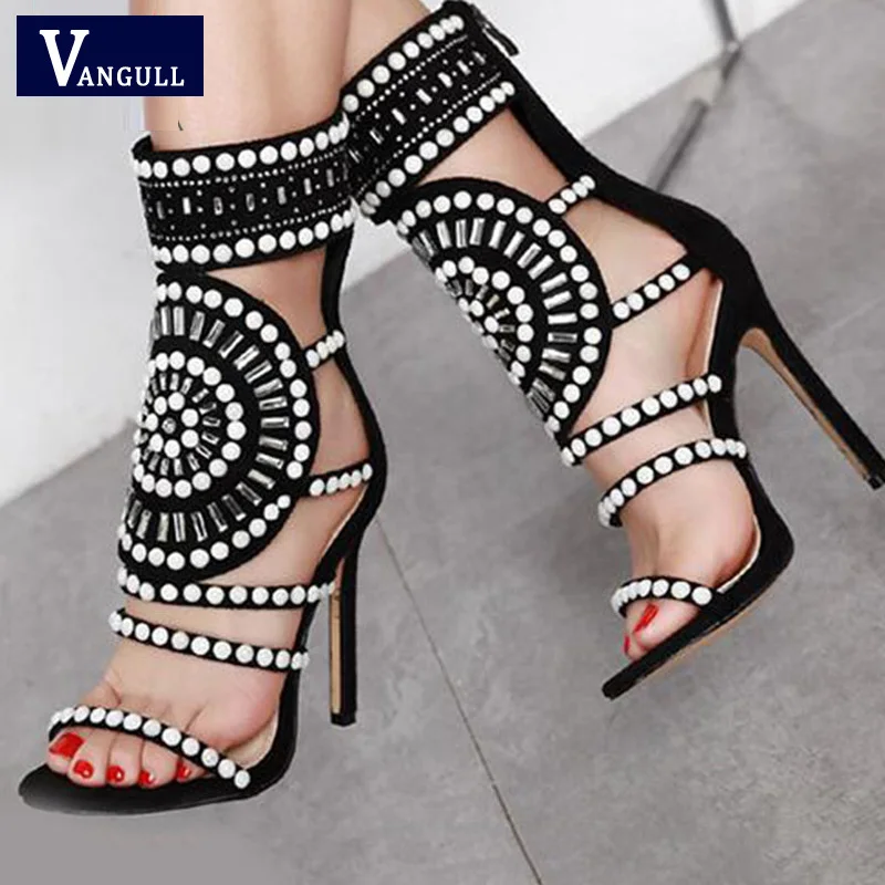 

VANGULL Ethnic Open Toe Rhinestone Design High Heel Sandals Crystal Ankle Wrap Diamond Gladiator Women Sandals Black Size 35-42
