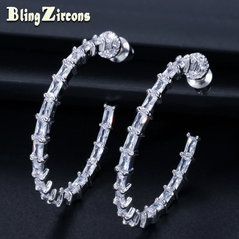 

BeaQueen Fashion 925 Sterling Silver Pin Big Circle Round Hoop Earring Clear Baguette Cubic Zircon Crystal Lady Jewelry E219