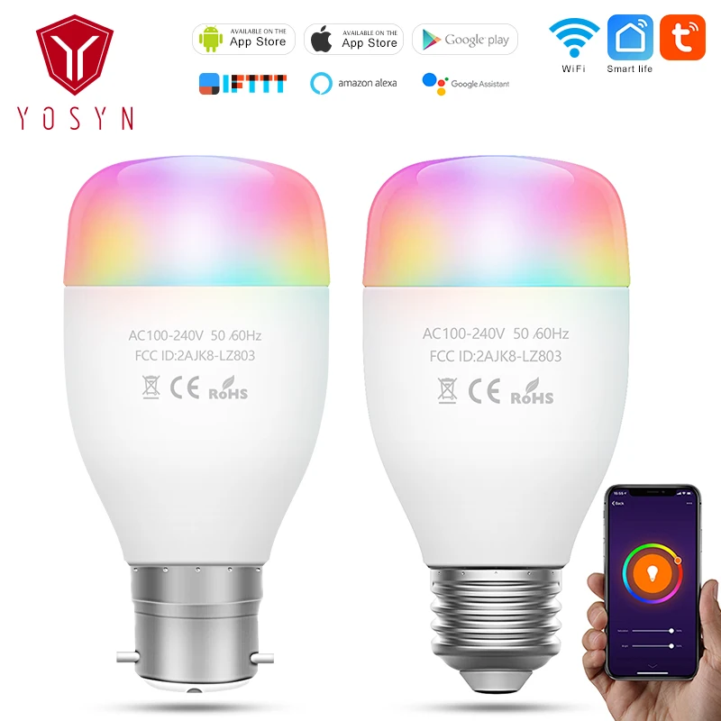 

YOSYN Smart Bulb Smart Light Bulb E27/B22 RGBW Dimmable Wireless WiFi Remote Control Bulb Lamp LED Light for Alexa Google Home
