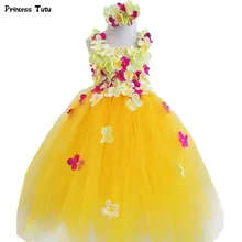 Желтое платье-пачка с цветами и гортензией для девочек; платье принцессы Белль для девочек на свадьбу и День рождения; детское фатиновое платье феи с цветами