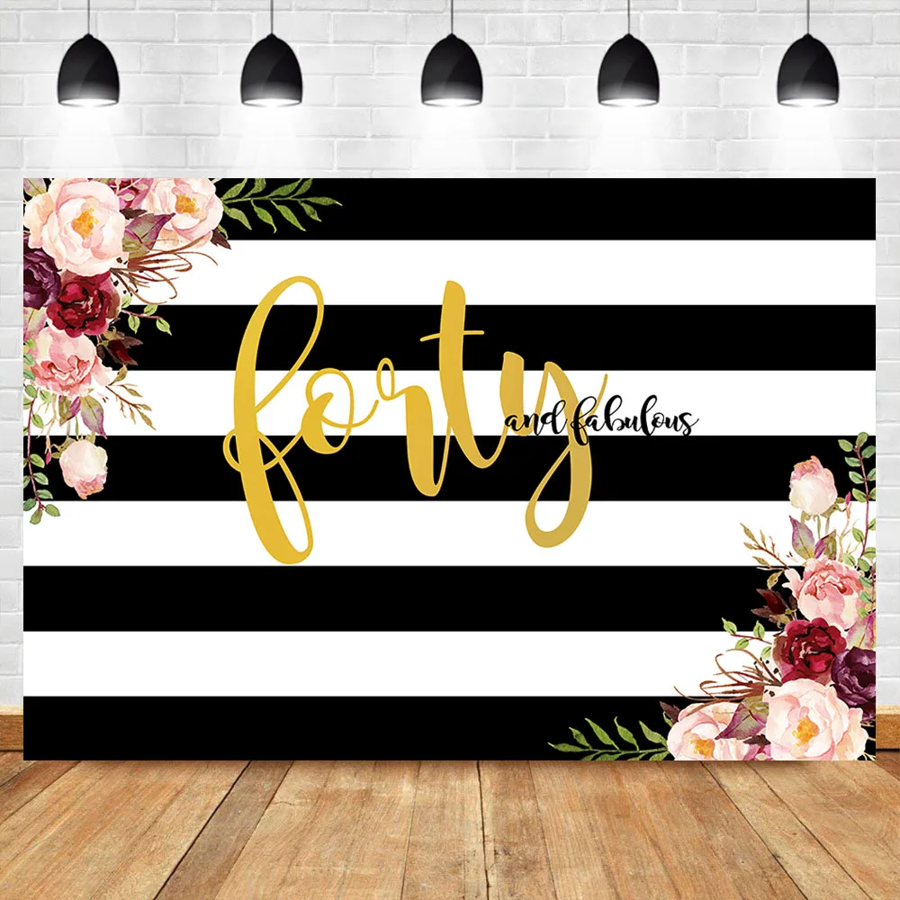 

Forty Birthday Photography Backdrops 40th Birthday Party Black White Stripe Background Custom Name Backdrops