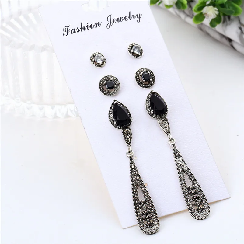 2018 Trendy stud earrings for Women Bohemia Black Long Retro Zircon 4 Pair Stud Earrings Set Combination Brincos J04#N (3)