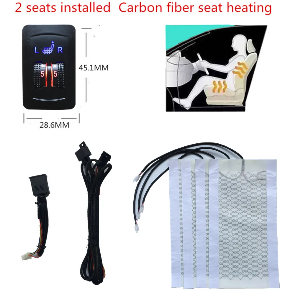 

2 Seats 4 Pads Universal Carbo n Fiber Heated Seat Heater 12 V Pads 2 Dial 5 Level Switch Winter Warmer Seat Covers