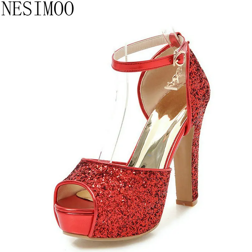 

NESIMOO 2018 Women Sandals Peep Toe Fashion Women Shoes Platform Wedding Shoes Super Square High Heel Women Sandals Size 34-43