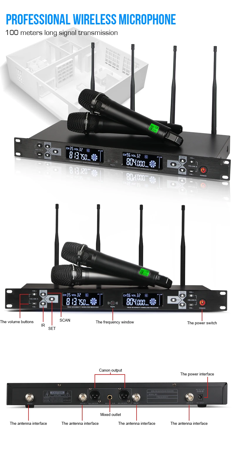 Тура разнообразие UHF беспроводной микрофон TD-190 двухканальный четыре антенный приемник Профессиональный для сцены