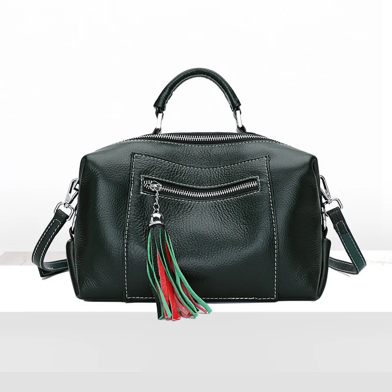 

The First Layer of Leather Boston Bag Female Messenger Bag Leather Handbag Tassel Shoulder Bag strap removable personality purse