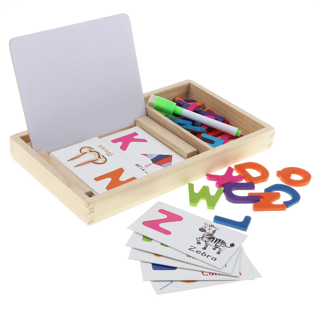 Wooden Alphabet Letters Matching Puzzle ABCs Flash Cards with Writing Board and Storage Box for Kids Preschool Learning