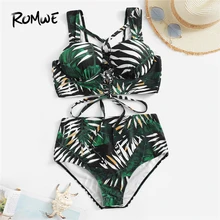 Romwe, спортивный комплект бикини, тропический, на шнуровке, на косточках, топ с высокой талией, низ, два предмета, костюмы для женщин, летний сексуальный купальник