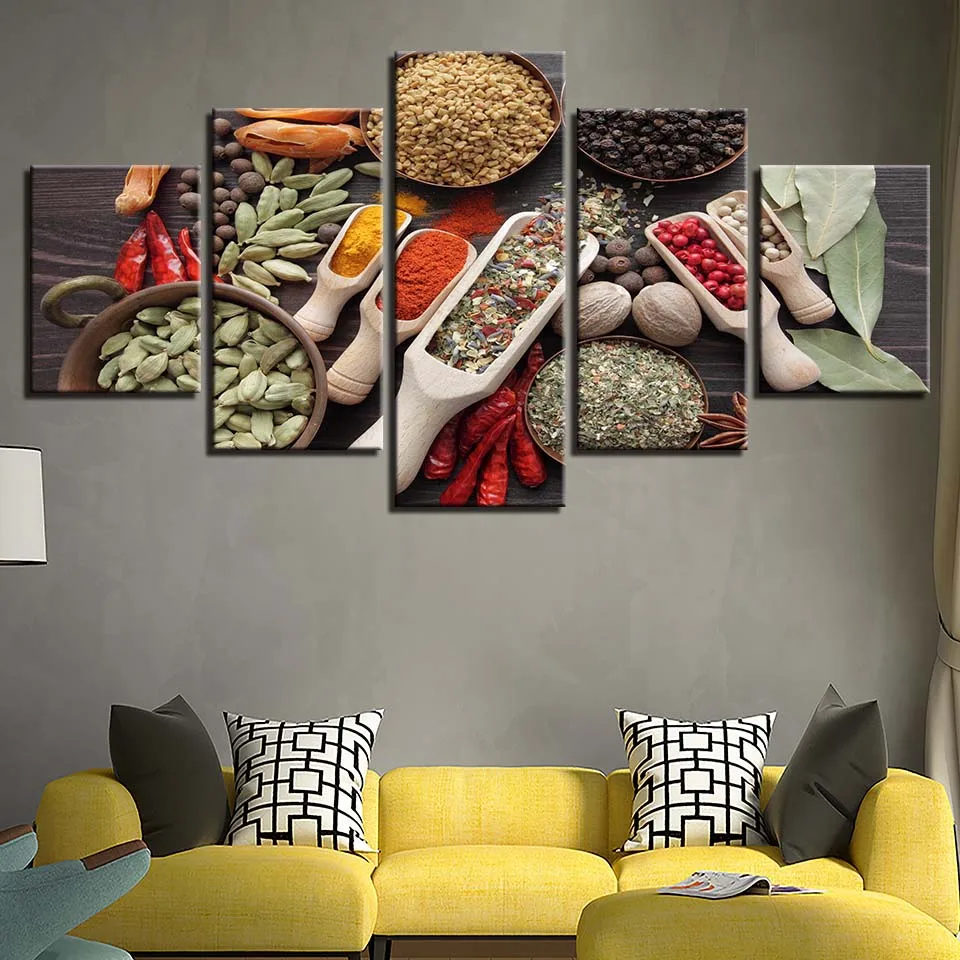 5 Pieces Spoon Grains Spices Food Canvas Painting Kitchen Cooking Wall