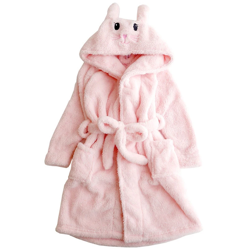 Kids Cartoon Bunny Pajamas Baby Girls Flannel Sleepwear Coral Fleece Winter Bathrobe Children Hooded Towel Robes Pyjamas Clothes - Цвет: Розовый