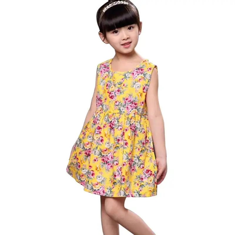Детское летнее платье для девочек, платья трапециевидной формы без рукавов с круглым вырезом и цветочным принтом для девочек, милое платье принцессы, детская одежда