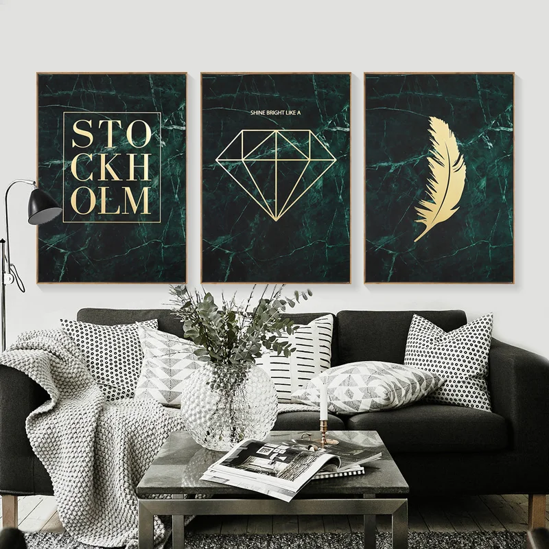 

Vintage Poster Gold Diamond Canvas Painting Feather Posters Wall Art Canvas Nordic Wall Pictures For Living Room Retro Unframed