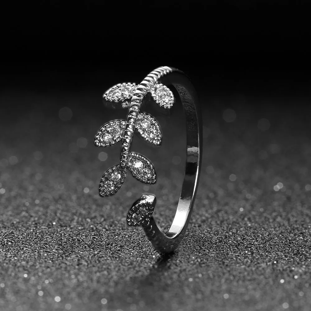

1 Pc New Design Delicate Women Fashion Jewelry Tiny Cubic Zircon Leaves Shaped Silver Plated Opening Finger Nice Gift