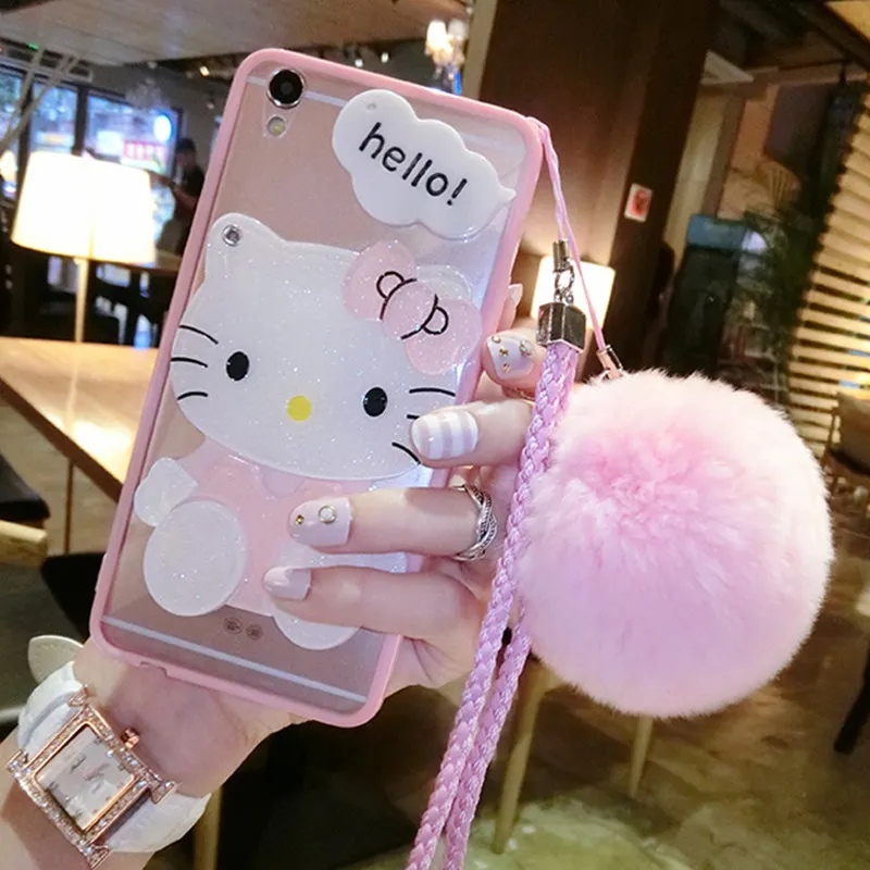

For Samsung A5 A7 2017 A6 A8 Plus 2018 J7 2017 Prime Pro Cute Cat Bear mirror soft phone case Fur ball pompom Lanyard Back cover