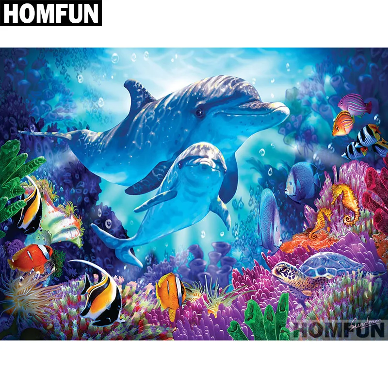 

HOMFUN Full Square/Round Drill 5D DIY Diamond Painting "Ocean & Dolphin" Embroidery Cross Stitch 5D Home Decor Gift A01722