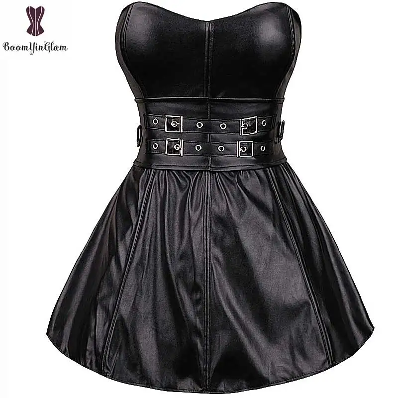 

Corset Dress Faux Leather Strapless Black Clubwear Sexy Bustier Dress Outwear Buckled Body Shaper Pole Dancing Party Mini Skirt