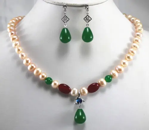

huij 003949 Charming 8mm Pink Green Pearl/Jade Necklace Earring Pendant Jewelry Set