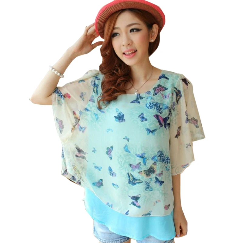 2017 New Fasion women plus size blouses Bat Sleeve blusa feminina Loose Butterfly Chiffon Top