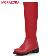 Morazora/обувь на платформе модные женские сапоги до колена; сезон весна-осень однотонные женские сапоги из искусственной кожи с круглым носком женская обувь; большие размеры 34-43