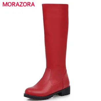 

MORAZORA Platform shoes woman fashion spring autumn knee high boots PU solid round toe women shoes boots female big size 34-43