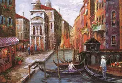 Laeacco картина маслом Старый Город река лодка картинка с видом улицы фотографии фонов фотографические фоны для фотостудии