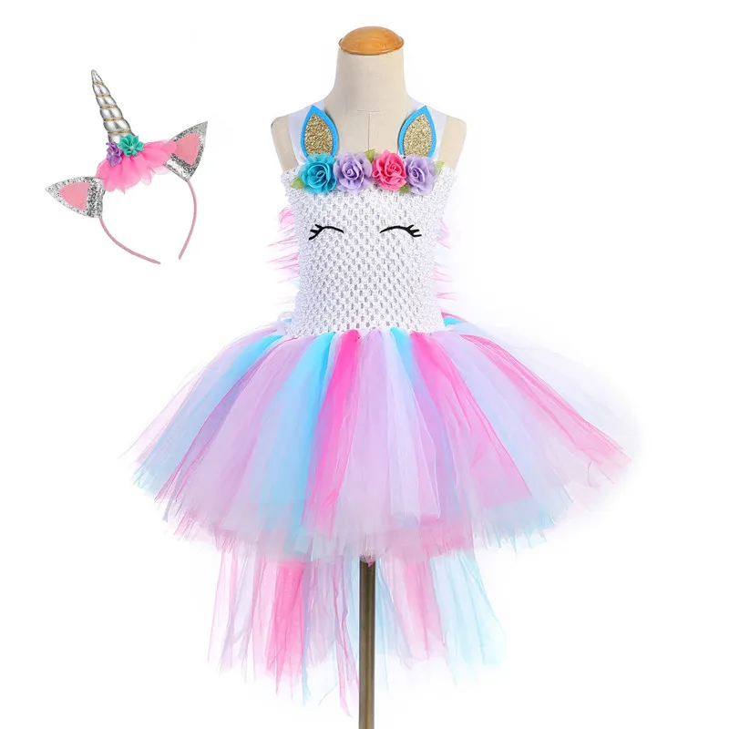 От 1 до 9 лет Пастельное платье-пачка с единорогом; Детский костюм принцессы для девочек на Хеллоуин; нарядное детское платье с пони на день рождения для девочек - Цвет: Rinbow dress hair
