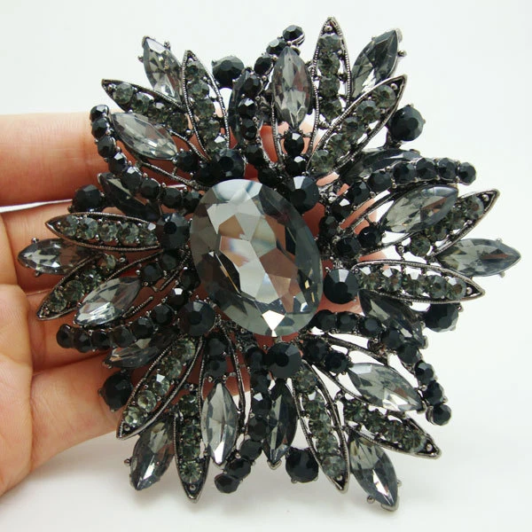 Vintage Fleur Lune Art Nouveau Broche Broche Noir Strass Cristal Bijoux