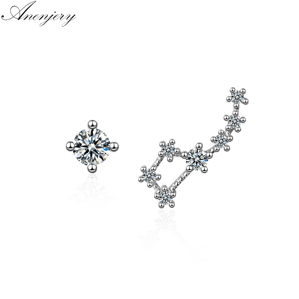 Annejery Большая Медведица ультра-вспышка Циркон асимметричные серьги-гвоздики для женщин 925 пробы серебряные серьги