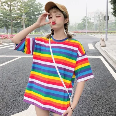 

New T Shirt Women Rainbow Striped Tops Harajuku Tshirt 2019 Summer and Spring Short Sleeve Korean Punk T-shirt camiseta feminina