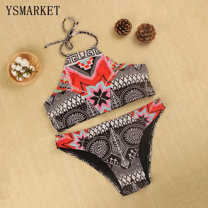 New Womens Sexy National Ethnic Style Bikini Biquini Halterneck Straps Print Swimsuit Hollow Out