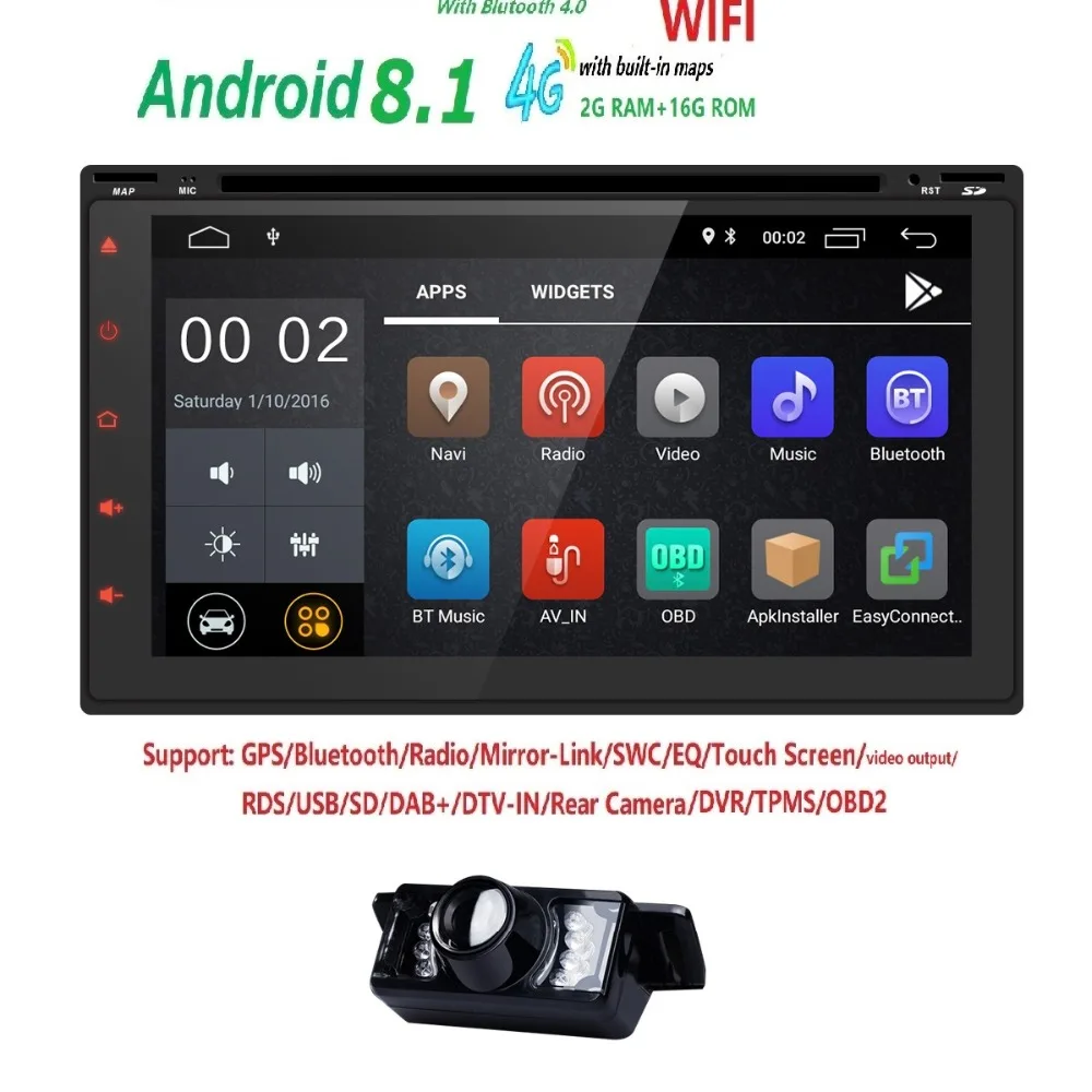 

Universal 2G RAM Quad Core Android8.1 7 Inch Car DVD Radio player Support 4G Wifi Mirror link DVR DAB+ TPMS EQ Free back Camera