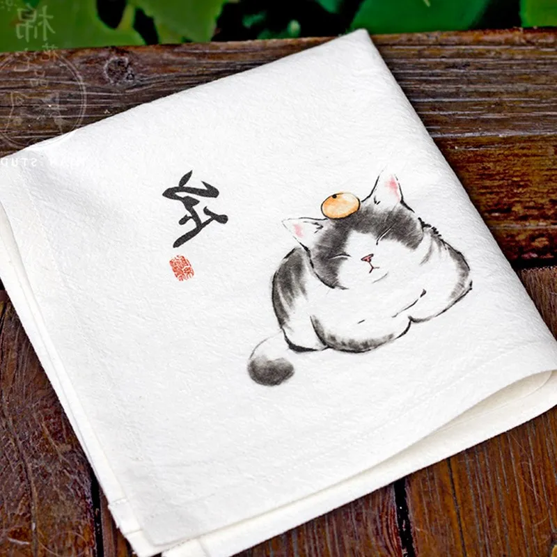  White Hand Painting Cat Cotton Handkerchief Gift Chinese style Women Fashion Accessories Thicken Na