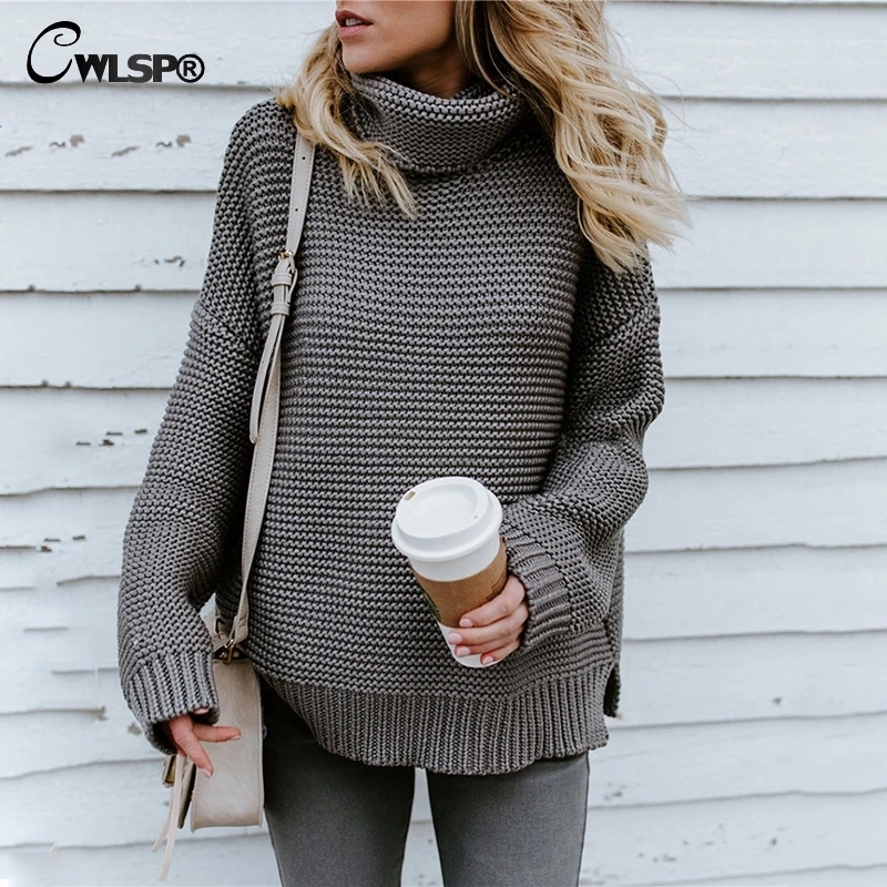 CWLSP  2018 NEW Sweater 6 Colors Solid Sweater Women Long Sleeves Turtleneck Casual Loose Tops Sweater Tops QZ2900