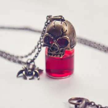 

Halloween Gothic Retro Bronze Skull Blood Bottle Glass Pendant Necklaces For Women Jewelry Chains Gift Accessory Vampire