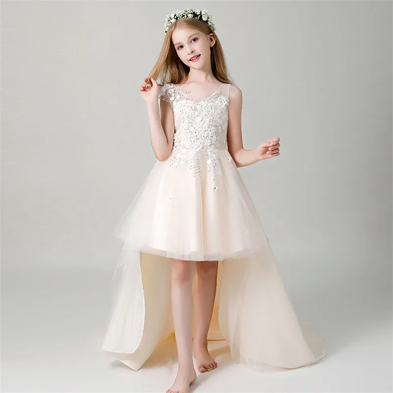 

2018 Luxury New Children Little Girls Champagne Color Birthday Wedding Party Long Tail Dress Model Show Teens Flowers Prom Dress
